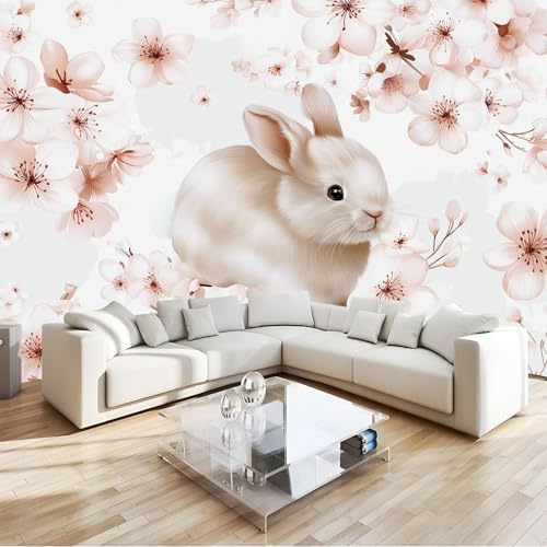 Carta da Parati Crema, 200 x 140 cm Carino Fantasy Fiori Coniglio Vello Sfondo Moderne Decorazione per Mobili Camera da Letto Soggiorno Bagno