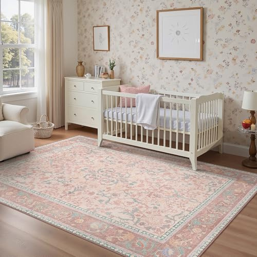 GENIMO Alfombra Persa Rosa para Salón, Alfombras Lavable y Antideslizante, Vintage de Pelo Corto para Dormitorio, Pasillo o Comedor, Decoración Moderna, 160X230CM, Rosa