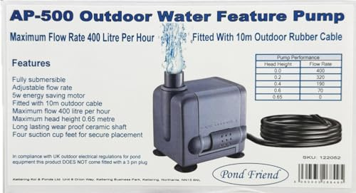 Pond Friend AP-500 Outdoor Water Feature Pump 400 LPH Max Flow - 10m Rubber Cable Fully Submersible Adjustable Flow Control Max Head Height 0.65m