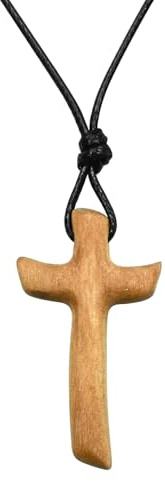 Enkrio Collar con colgante de cruz de madera natural, collar de cruz de madera cónica con cordón de cuero ajustable, joyería religiosa para hombres y mujeres