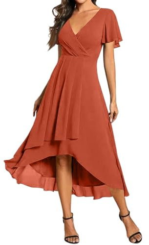 Robe Femme Chic et Elégante pour Mariage - Robes de Cérémonie High-Low en Mousseline à Manches Papillon - Robe de Soirée Coupe Trapèze Fluide Col V Couleur Unie