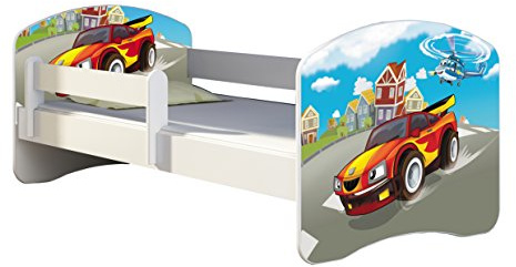 ACMA Kinderbett 160x80 Jugendbett mit Matratze, Rausfallschutz, Lattenrost Weiß, stabil, Kinderzimmer Bett, Jugendmöbel Design 03 Racing Car