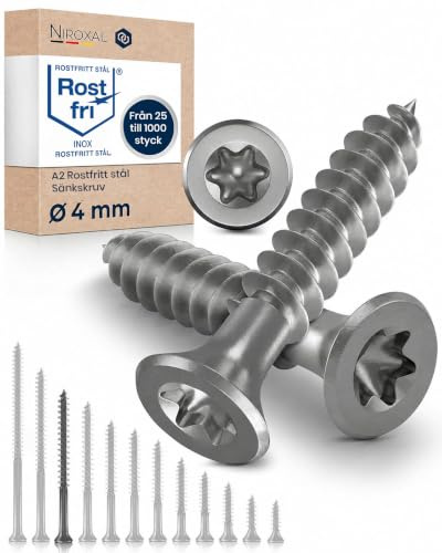 Träskruvar i Rostfritt Stål A2 – Försänkt Huvud Torx TX20 – Helgängade – 4 x 60 mm – 200 Pack – Universalskruvar för Trä