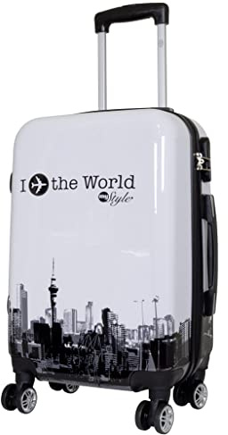 Trendyshop365 Handgepäckkoffer Motiv Flugzeug mit Skyline 56 cm 36 Liter 4 Räder Weiß Zahlenschloss