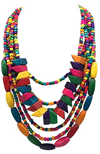 JHWZAIY Collar de declaración multicolor con cuentas de madera gruesas y en capas para mujer, collar de madera con cuentas en varias capas y colores, collar africano de larga cadena para mujer