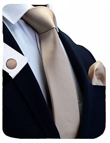 Gusleson Brand Men's Solid Silk Champagne Ties Adult Neckties and Pocket Square Cufflinks Sets (UK0789-10)