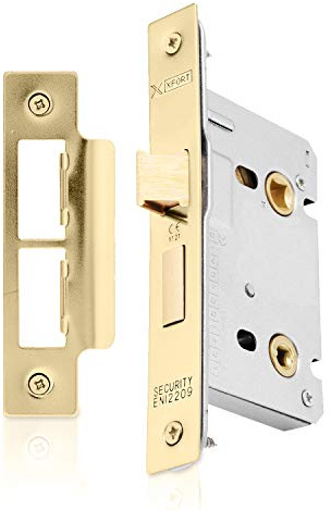 XFORT® Polished Brass Bathroom Lock 65mm for Internal Wooden Doors, Mortice Door Lock for Bathroom, Door Latch Mechanism and Thumbturn Locking Door Security, CE Approved and Fire Rated Protection