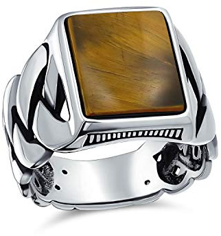 Personalized Braided Cable Wheat Wide Link Chain Band Brown Tigers Eye Gemstones Rectangle Statement Signet Ring For Men .925 Sterling Silver Handmade In Turkey