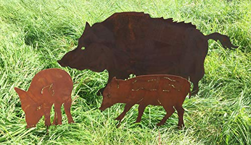 Wildschwein 100x50cm + Frischlinge 30cm zum Stecken Edelrost Rost Metall