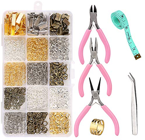 Tundi Schmuckherstellungs-Zubehörset,Schmuck Bastel Zubehör,Schmuck Reparatur Werkzeuge mit Biegerringe,Verschlüsse,Zange für Schmuck DIY Anfänger,Halskette Armband Machen