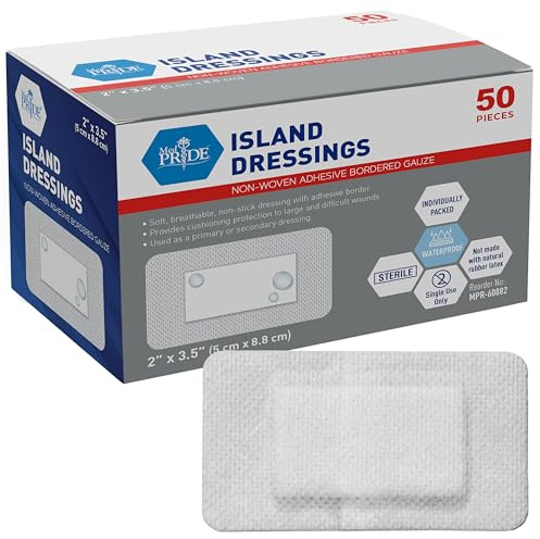 MED PRIDE Adhesive Island Dressing 2x3 in, Pack of 50 Sterile Bordered Wound Dressings, Highly Absorbent, Non-Stick, Latex-Free (2'' x 3.15'')