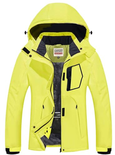 WULFUL Wasserdichte Schnee-Skijacke für Damen, Berg, winddicht, Wintermantel mit abnehmbarer Kapuze, gelb, XL