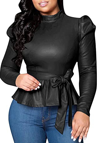 SEMATOMALA Damen-Bluse, Kunstleder, Puffärmel, Selbstbindung, Schößchen, PU-Leder, Stehkragen, schmale Passform, Rüschenknoten, Blusenshirt, Schwarz, X-Groß