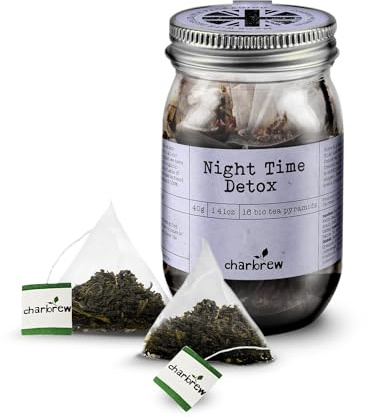 Charbrew Night Time Tea - 16 Fine Mesh Pyramid Teabags in Glass Mason Jar | Herbal Tea Blend with Red Rooibos, Star Anise, Chamomile & Cinnamon, Reusable Mason Jar