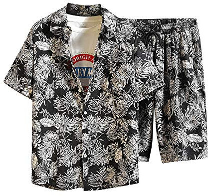 Men's Leisure Suit Fashion Loose Fit Hawaii Summer Shirt with Turn-Down Collar Beach Shorts with Drawstring Breathable Sports Suit Stretch Jogging Suit Comfortable Tracksuit, black, XXL