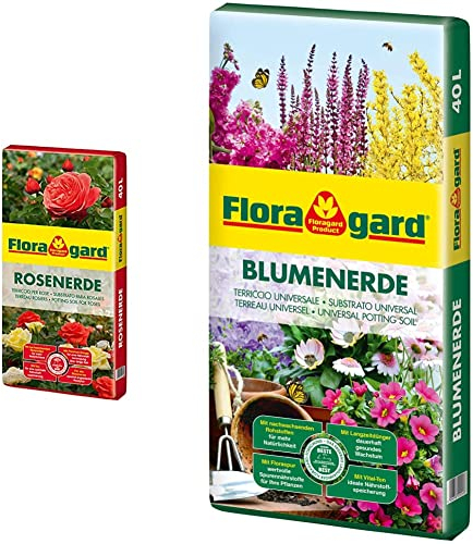 Floragard Rosenerde 40 Liter - torfreduzierte Spezialerde mit Ton für Rosen im Garten und im Kübel & Blumenerde, 40 Liter