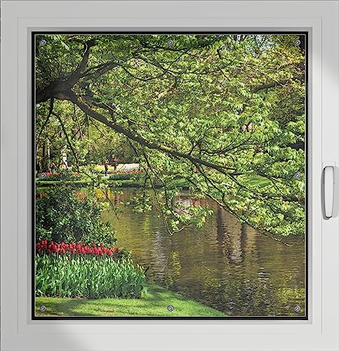 Wallario Lichtschutzbild, Dekorativer Sichtschutz Sonnenschutz 96 x 93 cm mit Motiv: Bunte Blumen im Park am Wasser - Frühblüher am Ufer - Verdunklungsrollo ohne Bohren