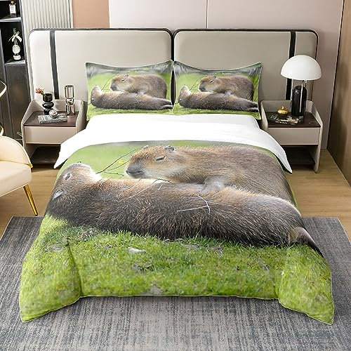 Nette Capybaras 100% Bio-Baumwolle Bettbezug 200x200 für Kinder Mädchen,Kawaii Relaxing Capybara Bettwäsche Set für Haustier Capybara Liebhaber,Nagetier Wildtiere Komfortbezug Natur Thema Bett Sets