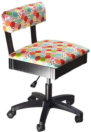 Sewing Online Hydraulisk sömnadsstol med förvaring under sitsen, i flerfärgat patchwork-tyg med svart träbas – ryggstöd, lyftmekanism, 5 stjärnor, 360°, vridbar, hjul – HT2018
