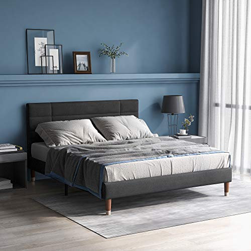 Kehun Polsterbett Doppelbett 140x200 cm, Bett mit Kopfteil und Lattenrost aus Holz, Bettgestell für Schlafzimmer und Gästezimmer, Leinen, Dunkelgrau, Ohne Matratze