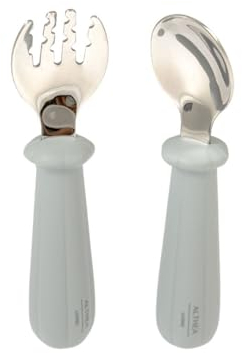 Althea Living - Juego de cubiertos: tenedor y cuchara ergonómicos, protección antiasfixia, acero inoxidable y silicona alimentaria (Gris perla)
