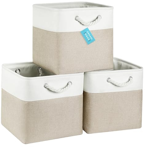 OrganiHaus Aufbewahrungsbox 30x30cm 3er-Set, Würfelkörbe aus Stoff mit Seilgriffen, Faltbare Aufbewahrungswürfel für Kallax Organizer, Ablagekörbe für das Kinderzimmer Beige/Weiß