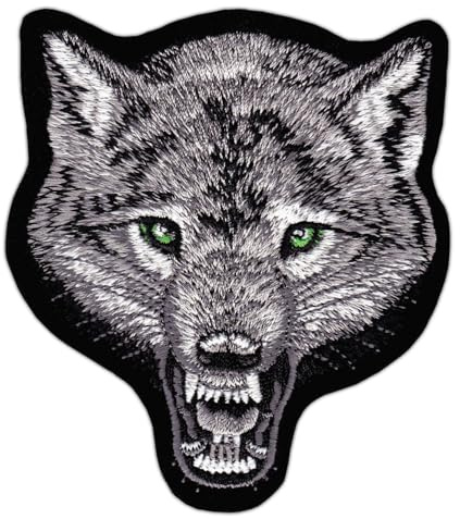 Wolf Kopf Grau mit Grüne Augen Aufnäher zum aufbügeln oder aufnähen Bügelbild Aufbügler für Kleidung gestickter Bügelpatch Applikation Biker Patch Größe 9,3 x 10,2 cm