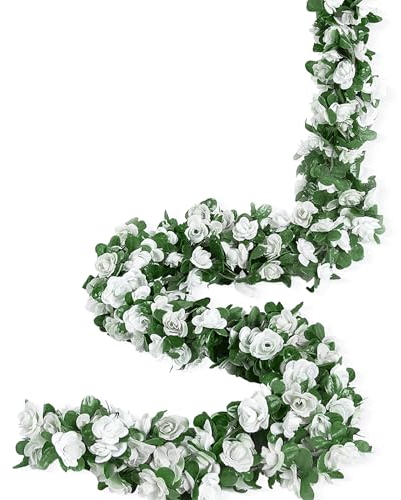 Weldomcor Pack of 5 Artificial White Garland 40 FT Flower Garland Roses Vines Silk Flowers Outdoor Hanging Artificial Flowers Decoration for Wedding Arch Bedroom Wall Backdrop Garden Decoration
