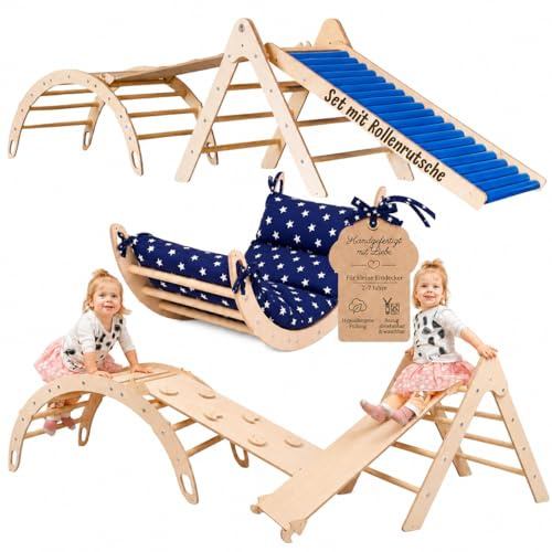 WoodsCraft 4in1 Set: Rollenrutsche, Kletterdreieck, Kletterbogen & Rampe | mit hypoallergen Kissen für Kletterbogen, holz Montessori Klettergerüst indoor, Babyrutsche, Klettern Baby & Kinder