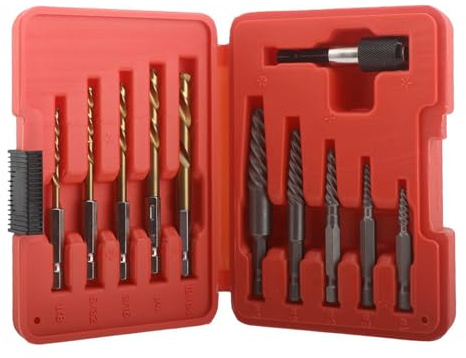 11Pcs Screw Extractor and Left Hand Drill Bits Set Included 5Pcs Screw Extractor, 5Pcs HSS Drill Bits and 1Pcs Adapter, Bolt Remover Reverse Cobalt HSS Steel Drill Bit Stripped Screw Remover for