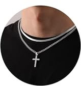 Fehki Men's necklaces,2PCS Stainless Steel Cross Necklace for Men,Silver/Gold/Black Sturdy Cuban Snake Chain Necklace Jewelry Gifts for Men Teen(20inch/22inch, Silver)