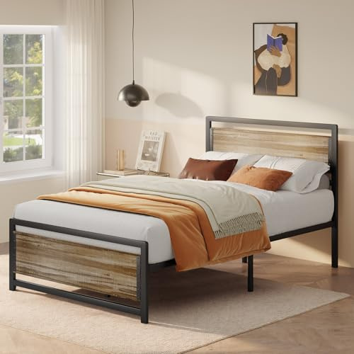 Bealife Plattformbett 120 x 200 cm, Metallrahmenbett 35 cm hoch, Bett mit Holz- und Metallrahmenunterstützung, geräuscharm, robust (Grau, 120x200cm)