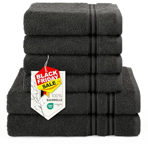 Hammetex 6 teiliges Handtuch Set, 100% Baumwolle Weich Saugstark Qualität Handtücher Set, 2 Badetücher 70x140 cm, 4 Handtücher 50x100 cm, Anthrazit