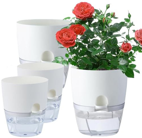 DHSUN 4 stücke Blumentopf Weiß Kräutertopf Plastik mit Selbstbewässerung und Wasserspeicher Plant Pot Küchenkräuter Blumentopf mit Bewässerungssystem für Küche, Balkon, Schlafzimmer
