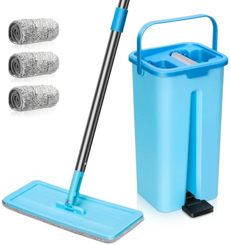 MASTERTOP Wischmopp Set mit Eimer, 2 in 1 Bodenwischer Flachmopp mit Edelstahlgriff und 3 Mikrofaser Moppkopf, Tragbarer Putzeimer Wischmopp mit Auswringfunktion für Hartholz Laminat Fliesen(Blau)