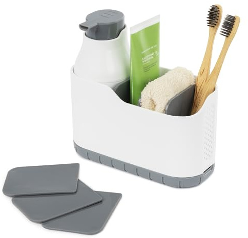 LIVIVO 2-in-1 Sink Caddy and Foam Soap Dispenser, Kitchen and Bathroom Storage, Adjustable Storage Caddy (White)