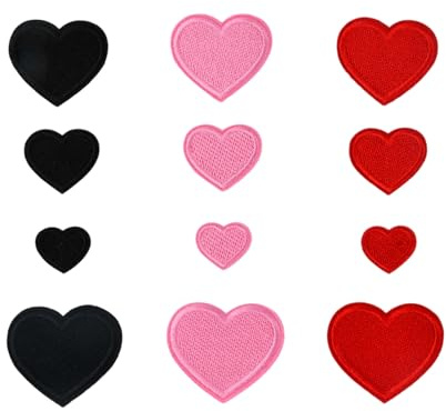 Herz Bestickte Patches zum Aufbügeln, 12 Stück Mini Heart Iron on Patches, Stickerei Herzförmige Aufnäher Aufbügelflicken, Gestickte Herz Flicken Embroidered Sew on Patch Applique, DIY