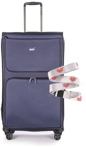 Stratic Bendigo Light + Koffer mit Koffergurt Weichschale Reisekoffer Trolley Rollkoffer groß, TSA Kofferschloss, 4 Rollen, Erweiterbar, Größe L, Navy