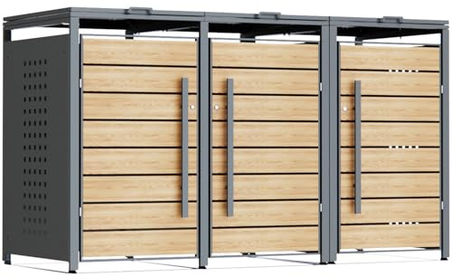 CHOSHOME Mülltonnenbox 3er für 3 Mülltonne 240L - Anthrazit & Holzoptik | Mülltonnenverkleidung aus verzinktem Stahl, wetterfest & UV-beständige, Softclose-Deckel & Schloss, Gerätebox, Garten Müllbox