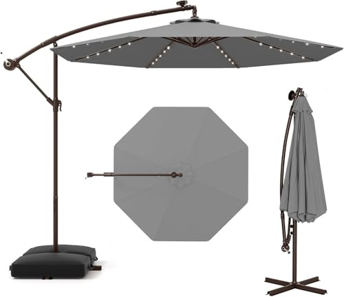 GOPLUS Parasol Déporté Inclinable 3M avec Pied et 8 Baleines, 40 Lampes Solaires pour Jardin Extérieur, Terrasse, Plage, Cour (Gris)