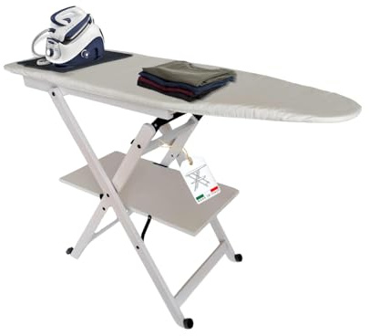 MOHOME Asse da Stiro Legno Faggio Bianco Pieghevole Salvaspazio Tappetino Silicone Portacaldaia Rotelle Trasportabili Dimensioni 123 x 89 x 48 cm Made in Italy Colore Mollettone Assortito