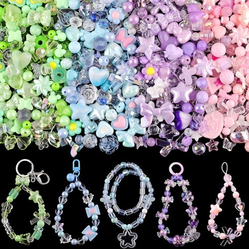 MOTIBACK 180–240 st blandade akrylpärlor för armbandstillverkning, 4-färgers blomrosett fjäril godis stjärna hjärta gummiBear Kawaii estetiskt armband, söta pärlor för smyckestillverkning