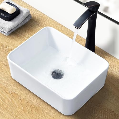 14 Inch Bathroom Vessel Sink, 14 x 10 Inch White Above Counter Rectangular Small Ceramic Vessel Sink, Modern Porcelain Small Above Countertop Art Basin Vanity Sink, Lavatory Wash Hand Basin