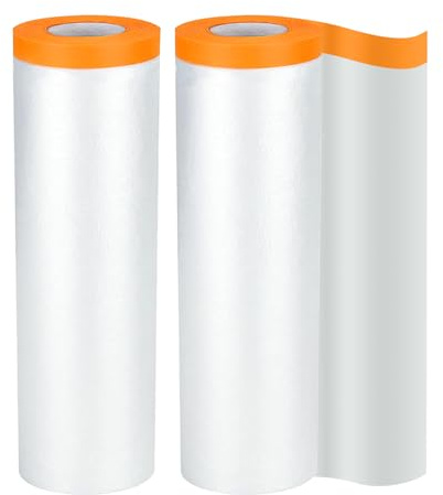 2 Rolls Dust Sheet Masking Film - 150cm x 20m Masking Tape with Plastic Sheet, Dust Sheets with Self Adhesive for Floor Protection, Painting Decorating Covering, Wall Cabinets Sofa Car