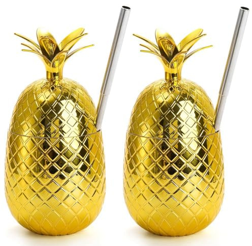 Phyachelo 2er-Pack Ananas-Getränkebecher, 450 Ml Goldener Ananasbecher mit Gedehntem Strohhalm, Hawaiianische Luau-Partybecher, Einfach zu Verwenden
