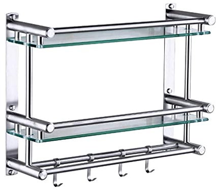 Supporto per vasca da bagno a doppio livello in acciaio inox con divisorio in vetro temperato e ganci, elegante soluzione di archiviazione per hotel, opzioni da 40/50 cm per spazio bagno nizzato