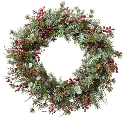 Künstlicher Weihnachtskranz mit Tanne, Eukalyptus & Beeren - Weihnachtsdekoration Tür- & Wandkranz (⌀ 45 cm)