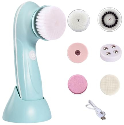 Exfoliant Visage Électrique - Brosse Nettoyante Électrique avec 6 Têtes de Rechange,Appareil Rechargeable de Nettoyage Massant pour Corps Menton Joues Nez Front