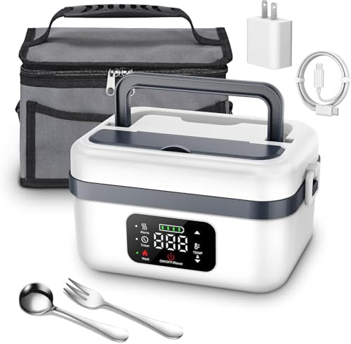 QUIFOZE 1L Gamelle Chauffante avec Batterie,Lunch Box Chauffante avec Temporisation,Étanche et Lavable, Adapté pour les Employés de Bureau/Chauffeurs/Ouvriers du Bâtiment (Blanc/Noir) (Blanc-noir)