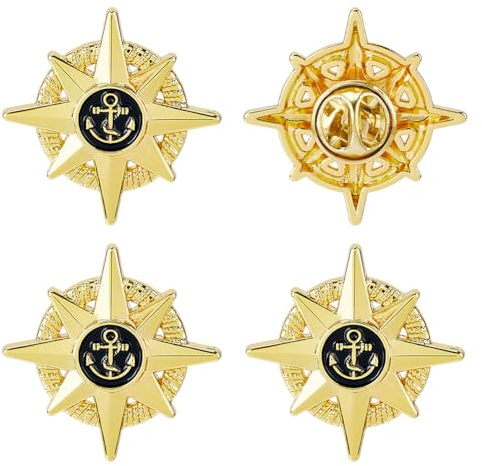 SUPERFINDINGS 4 Pièces Étoile à 8 Branches Broches Ancre Dorées Épingles Revers Décoratives En Alliage Thème Marine Pour Costeaux Chapeaux Veste Sac